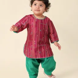 Fabindia Kids Pink & Green Printed Full Sleeves Kurta with Salwar image 1