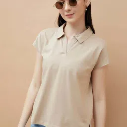 Fame Forever By Lifestyle Medium Beige Cotton Regular Fit Polo T-Shirt image 1