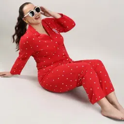 Instafab Plus Red Cotton Regular Fit Printed Night Suit image 5
