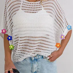 JC Mode Crochet Embroidered Round Neck Swimwear Cover up Top-image-66