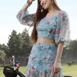 Sera Blue Printed Crop Top With Skirt image 1