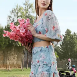 Sera Blue Printed Crop Top With Skirt image 3