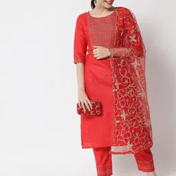 VredeVogel Women Cotton Slub Straight Kurta Pant Set with Dupatta-picture-16