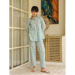 SAY Blue Shirt Collar Pure Cotton Printed Night Suit For Women (Set of 2)-image-99
