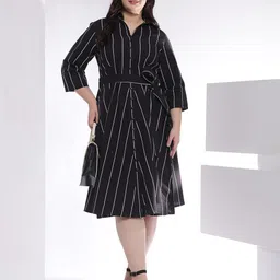 Amydus Women Plus Size Vertical Stripe Cotton Shirt Midi Dress image 5