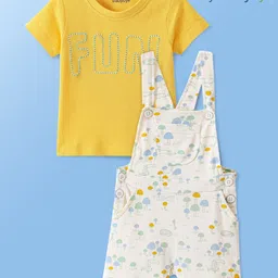 Babyoye 100% Cotton Animals Printed Dungaree with Full Sleeves Text Embroidery T-Shirt  - Yellow-picture-20