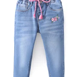 Babyhug Denim  Full Length with Stretch Washed Jeans With Floral Applique - Blue-picture-37