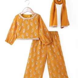 Babyhug Georgette Woven Full Sleeves Leaves Printed Sequined EmbroideredTop & Palazzo Set with Dupatta - Mustard-picture-17