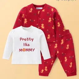 Babyoye 100% Eco Conscious Cotton Knit Full Sleeves Winter Wear Co-Ord Set With Top & Ducklings Print - Red-image-41