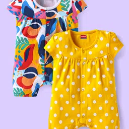 Babyhug Interlock Knit Half Sleeves Rompers With Polka Dot Print Pack of 2 - Yellow & White-picture-19