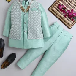 Ahhaaaa Brocade Full Sleeves Solid Kurta Pyjama With Sequin Floral Embroidered Jacket & Maala Set - Green-picture-25