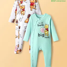 Babyoye Disney Interlock Knit Full Sleeves Front Open Footed Sleep Suits with Winnie the Pooh Graphics Pack of 2 - White & Sea Green-picture-20