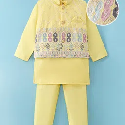 Ridokidz Full Sleeves Solid Kurta & Pyjama With Floral Embroidered Jacket Set - Yellow-picture-31