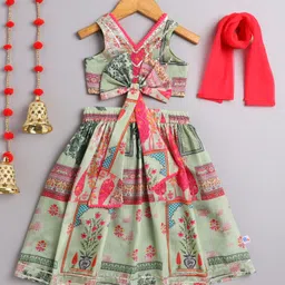 Many frocks & Blended Woven Sleeveless Floral Printed Gota Lace Embellished & Bow Applique Detailed Lehenga Choli With Dupatta Set - Green-picture-15