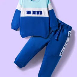 Babyhug Terry Knit Full Sleeves Text Printed T-Shirt & Lounge Pant Set With Cut & Sew Design - Blue-picture-29