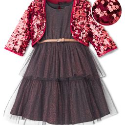 Hola Bonita Knit Glitter Mesh Party Dress With Full Sleeves Sequinned Shrug - Black-picture-3
