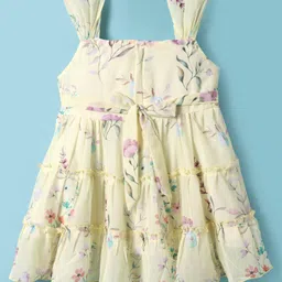 Dew Drops Chiffon Woven Sleeveless Tiered Frock with Floral Print & Smocking - Yellow image 2