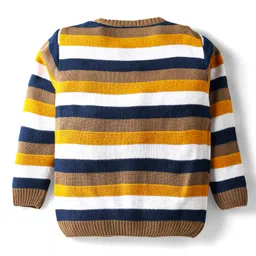 Babyhug Knitted Full Sleeves Striped Pullover Sweater With Patch Detailing - Mustard & Navy Blue image 2