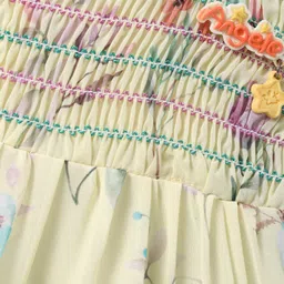 Dew Drops Chiffon Woven Sleeveless Tiered Frock with Floral Print & Smocking - Yellow image 3