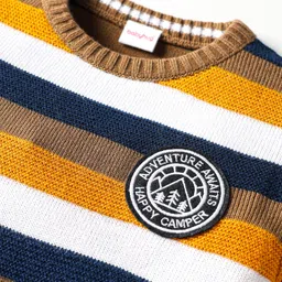 Babyhug Knitted Full Sleeves Striped Pullover Sweater With Patch Detailing - Mustard & Navy Blue image 3
