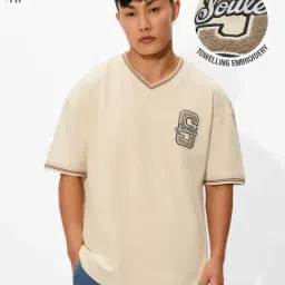 The Souled Store Beige Cotton Oversized Embroidery T-Shirts-image-29