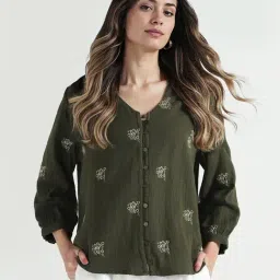 Elle Women Olive Solid V-Neck Pure Cotton Top-image-85