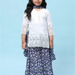 BIBA Girls White & Blue Self Design Kurta, Sharara with Dupatta image 1