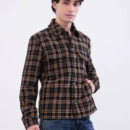 Spykar Jet Black Cotton Regular Fit Checked Jacket image 4