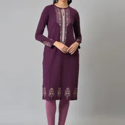 W Purple Floral Print Straight Kurta-image-98