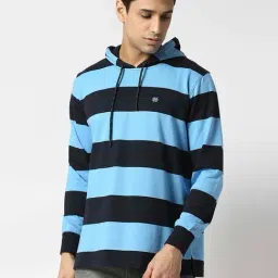 Dragon Hill Sky Blue Slim Fit Striped Hooded Sweatshirt-image-37