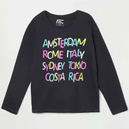 Fame Forever by Lifestyle Kids Charcoal Black Cotton Printed Full Sleeves Top-image-3