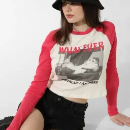 Only Pink & White Cotton Graphic Print Crop T-Shirt-image-79