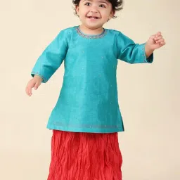 Fabindia Kids Teal Blue & Red Cotton Embroidered Full Sleeves Kurta Set image 1
