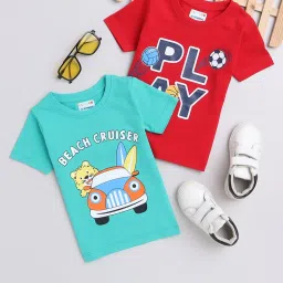 Bumzee Kids Turquoise & Red Graphic Print T-Shirt (Pack Of 2) image 1