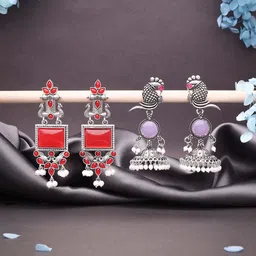 Sangria Set Of 2 Silver-Plated Artificial Stone Studded & Beaded Drop Earrings image 2