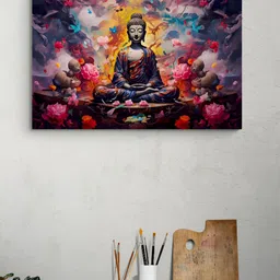 Tushaco Handicrafts Grey & Pink 1 Piece Buddha Religious Canvas Wall Art image 4