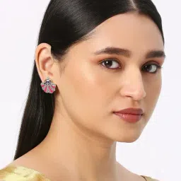 OOMPH Combo of 2 Pink Meenakari Enamel Stud Earrings Indo-Western Floral Design For Women image 4