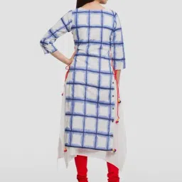 YASH GALLERY White & Blue Cotton Chequered A Line Kurta image 2