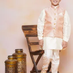 AJ Dezines Kids Peach Printed Full Sleeves Kurta, Pyjamas with Waistcoat image 1