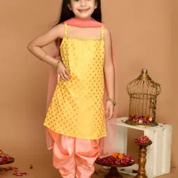 Saka Designs Kids Yellow & Neon Pink Printed Kurta with Dhoti & Dupatta image 1