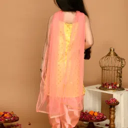 Saka Designs Kids Yellow & Neon Pink Printed Kurta with Dhoti & Dupatta image 2