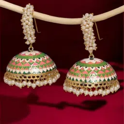 OOMPH Green & Pink Meenakari Large Jhumka Earrings For Women-image-52