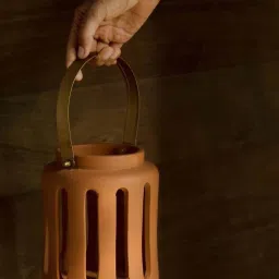 Ellementry Lupa Antique Gold Terracotta Large Round Lantern with Metal Handle image 2