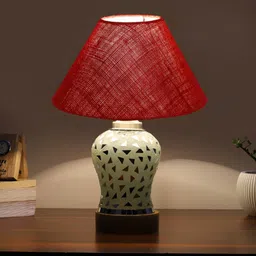 Devansh Maroon Textured Frusturical Shaped Wooden Table Lamp & Mosaic Glass image 3