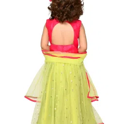 Saka Designs Kids Magenta & Neon Green Embellished Lehenga with Choli & Dupatta image 2