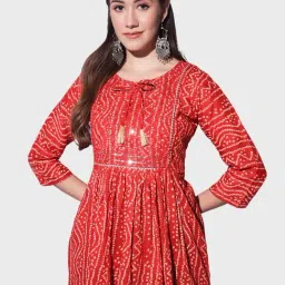 BUYNEWTREND Red Cotton Printed A Line Short Kurti-image-13