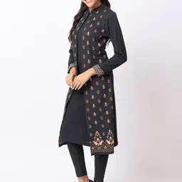 KEIKO Floral Woven Design Mandarin Collar Straight Kurta with Trousers image 4