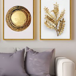 Myntra Elegant Homes Gold-Toned & White 2 Pieces Abstract Modern Leaf Canvas Wall Art-picture-41
