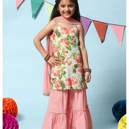 BIBA Sleeveless Vintage Floral & Polka Dot Printed & Lace Embellished A Line Kurta Sharara Suit Set - Turquoise Blue-picture-17