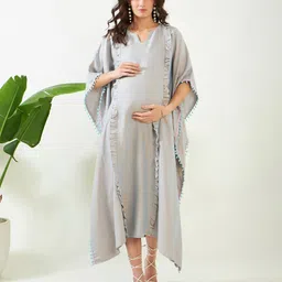 The Kaftan Company Three Fourth Sleeves Solid Radiant Soft Linen Maternity And Feeding Kaftan With Concealed Zipper Nursing Access - Blue-picture-13